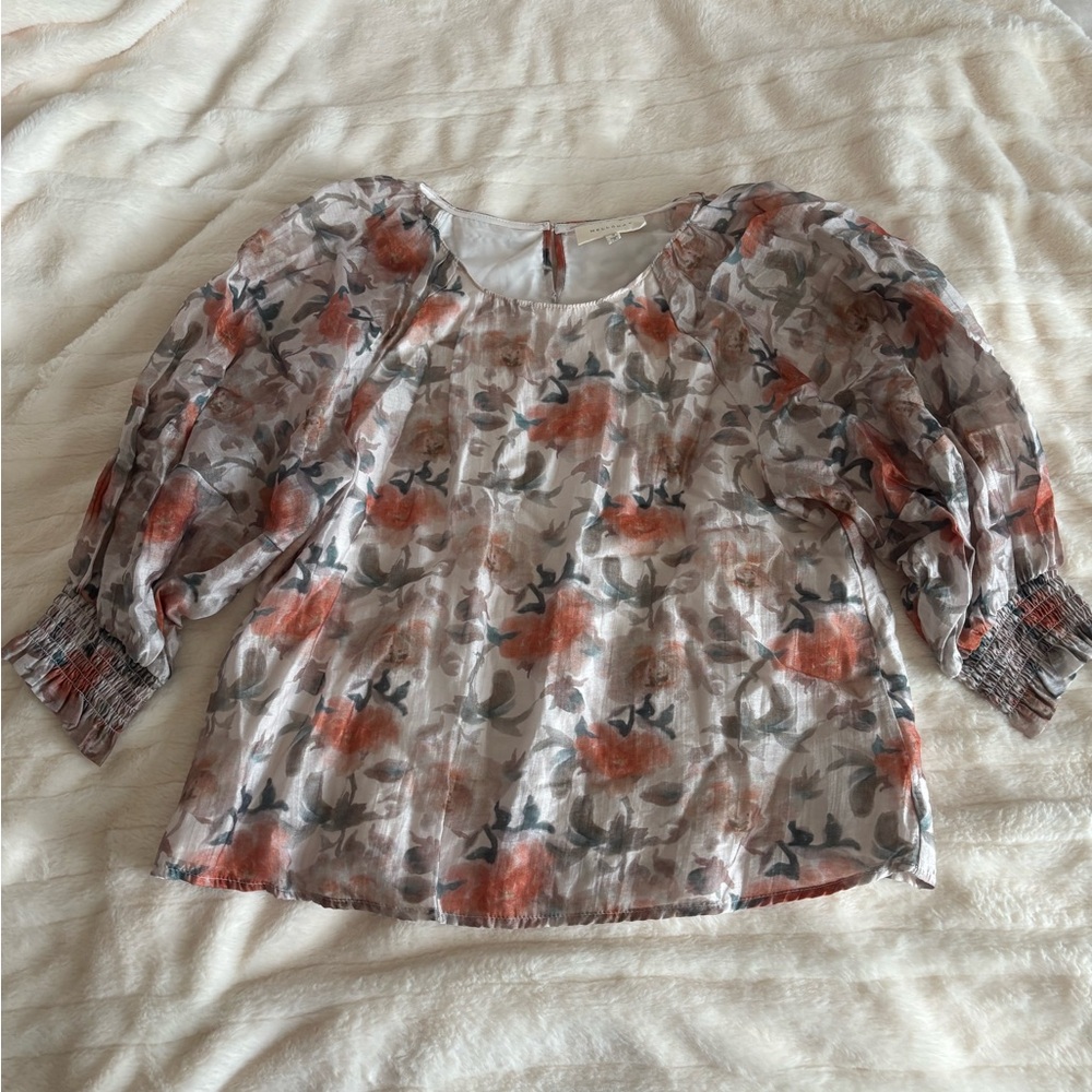 MELLODAY Floral Sheer Blouse with Puff Sleeves